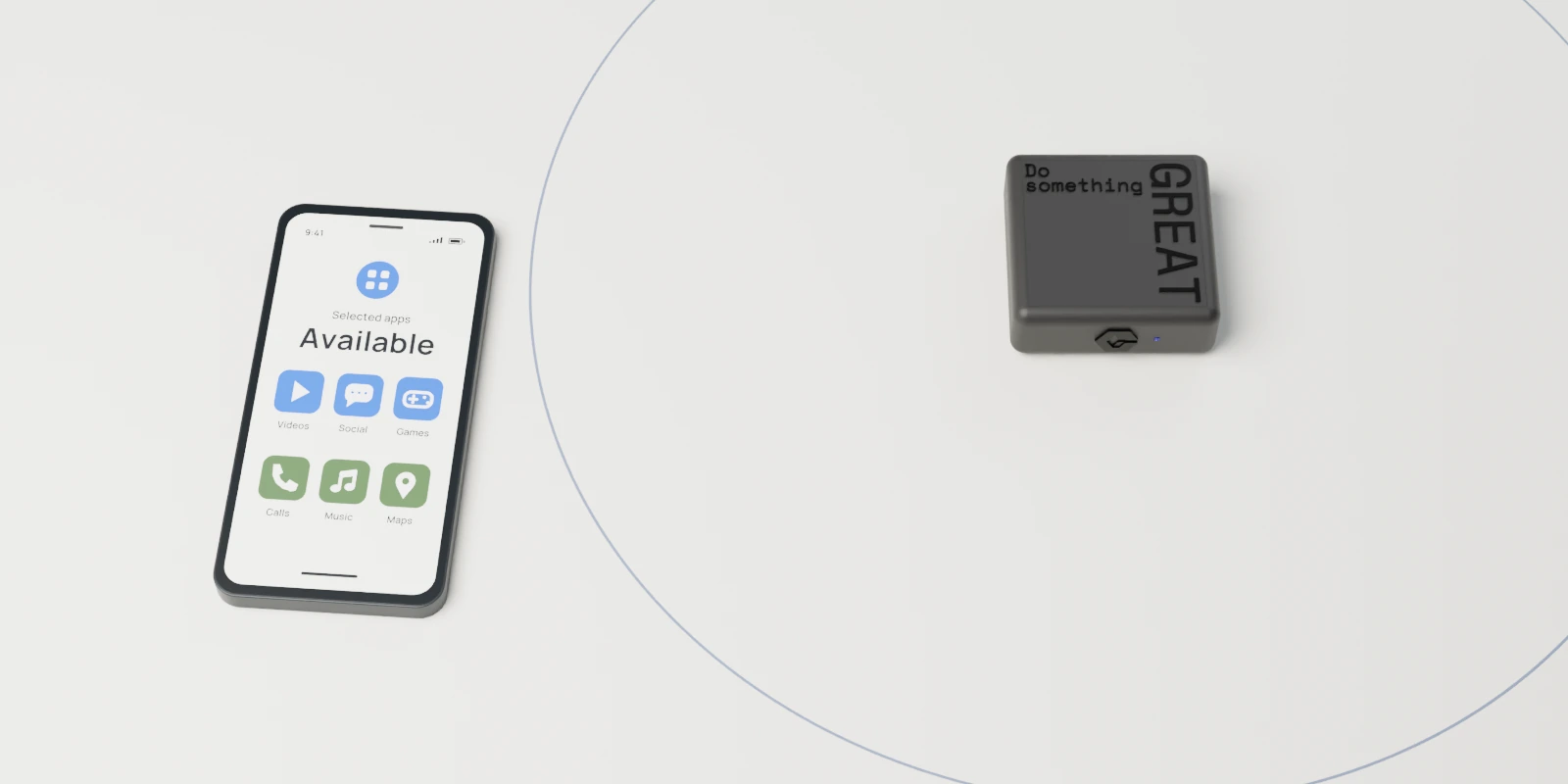 FocusField and a phone on one tabletop, with the phone outside its illustrated Focus Zone.